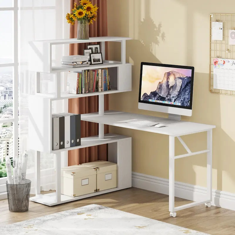 L-Shaped Rotating Computer Desk with 5 Shelves Bookshelf