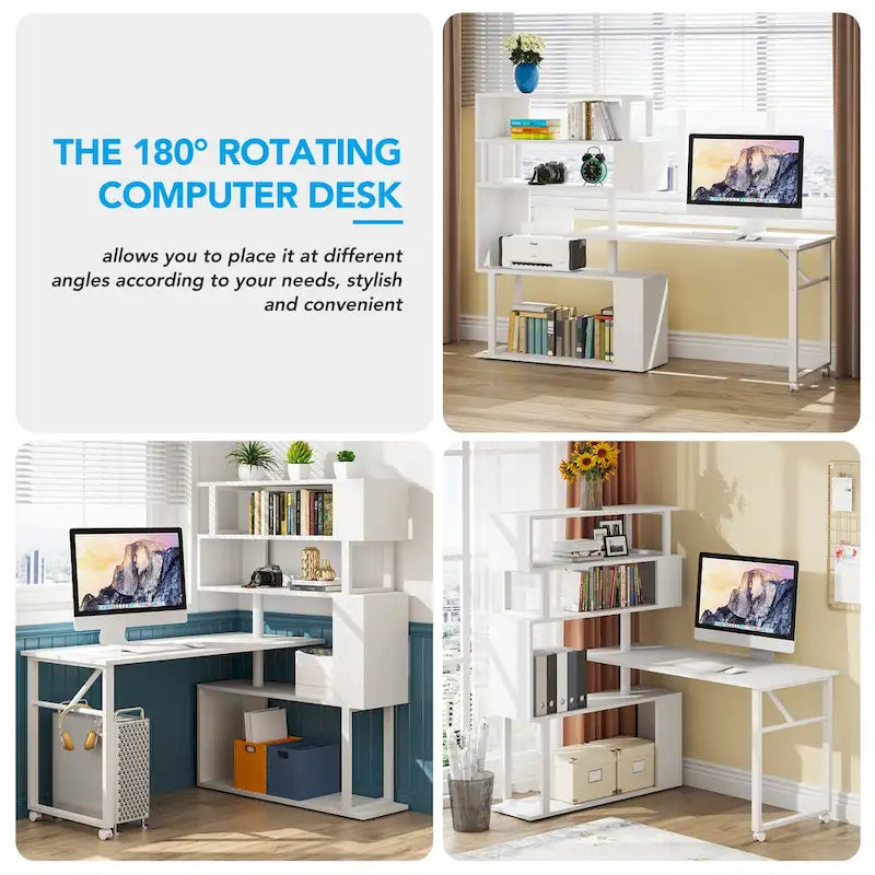 L-Shaped Rotating Computer Desk with 5 Shelves Bookshelf