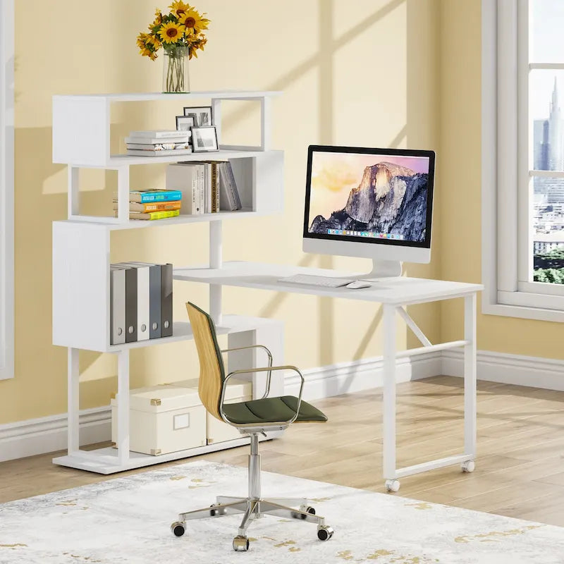 L-Shaped Rotating Computer Desk with 5 Shelves Bookshelf