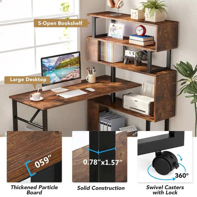 L-Shaped Rotating Computer Desk with 5 Shelves Bookshelf