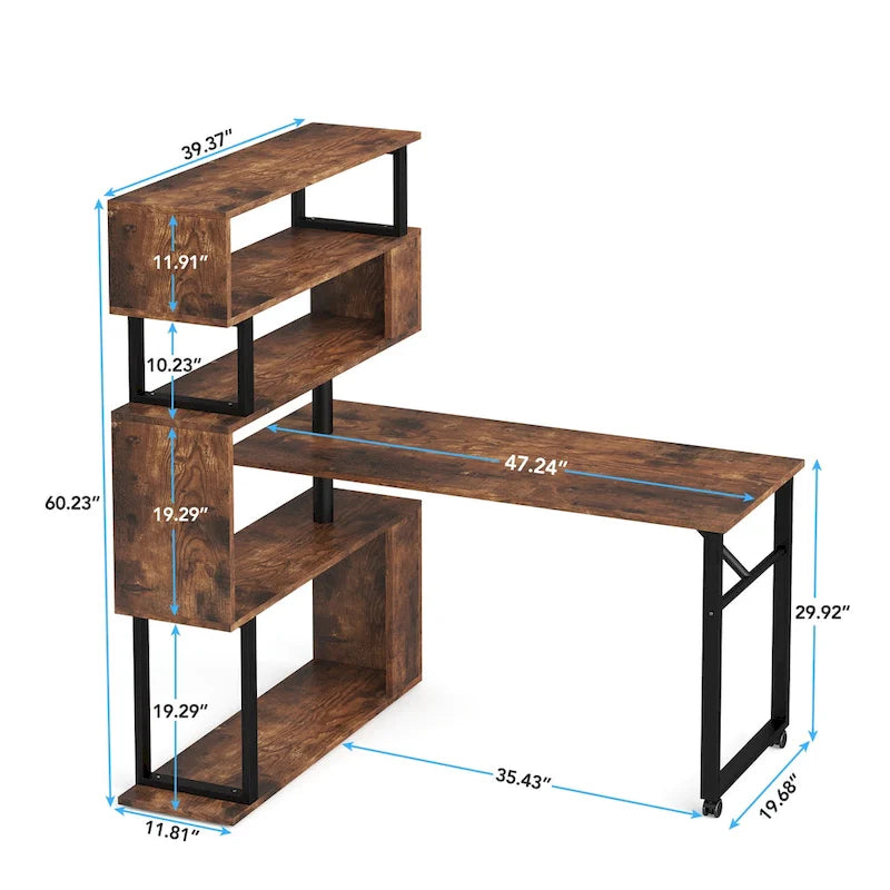 L-Shaped Rotating Computer Desk with 5 Shelves Bookshelf
