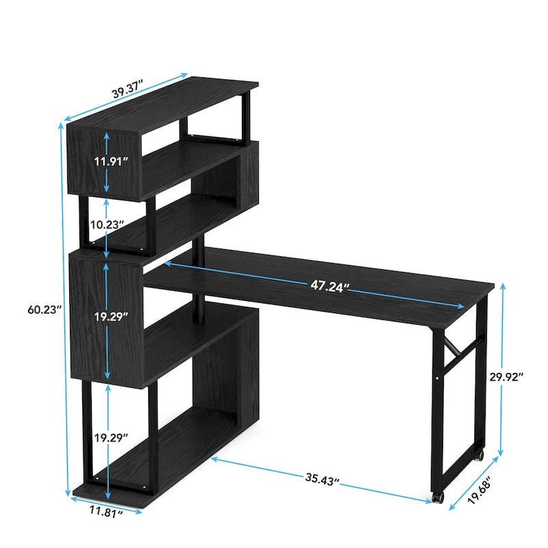 L-Shaped Rotating Computer Desk with 5 Shelves Bookshelf