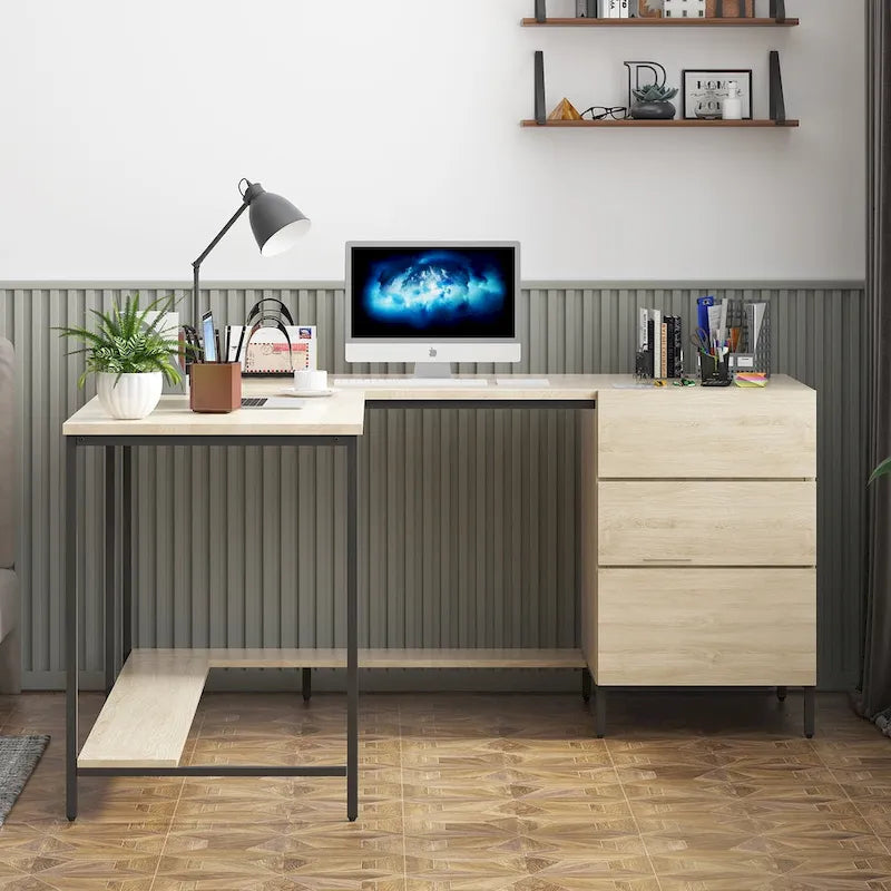 Mixoy L-Shaped Computer Desk with Drawers, Large Corner Office Desk, Modern Executive Desk, Writing Table Workstation
