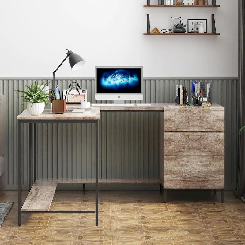 Mixoy L-Shaped Computer Desk with Drawers, Large Corner Office Desk, Modern Executive Desk, Writing Table Workstation