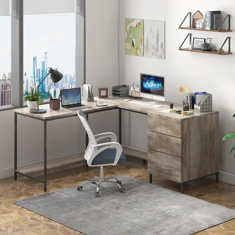Mixoy L-Shaped Computer Desk with Drawers, Large Corner Office Desk, Modern Executive Desk, Writing Table Workstation