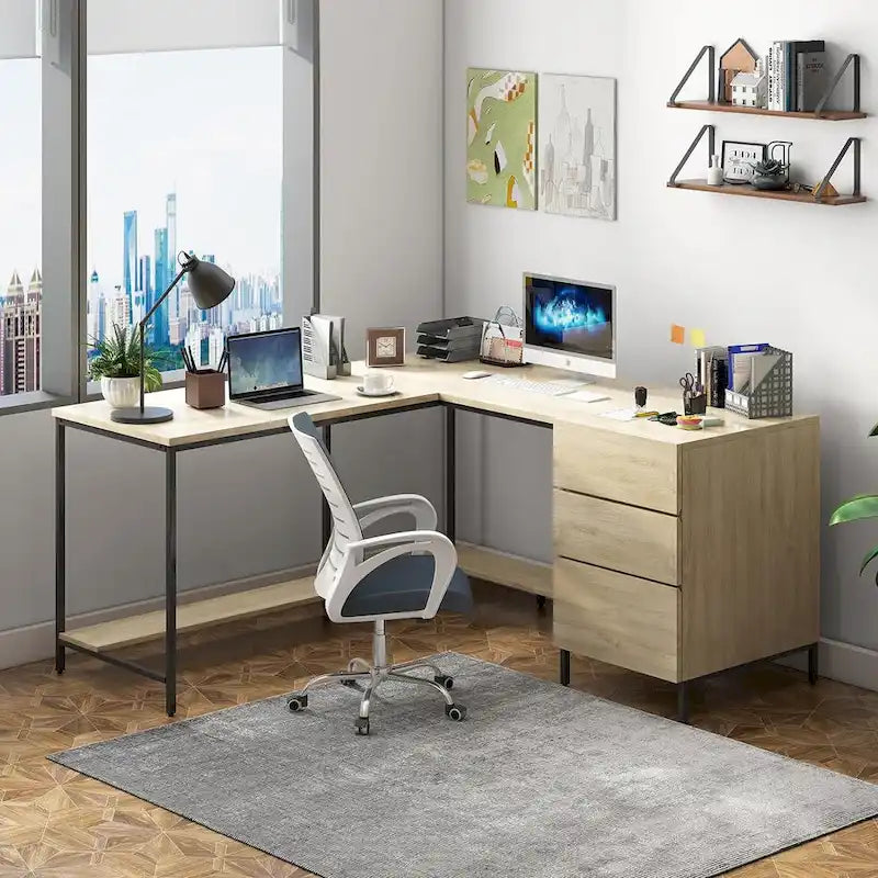 Mixoy L-Shaped Computer Desk with Drawers, Large Corner Office Desk, Modern Executive Desk, Writing Table Workstation