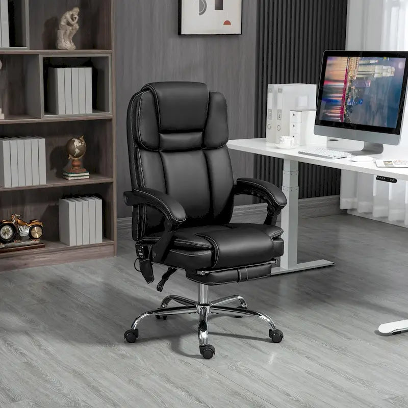 Vinsetto Massage Office Chair with 6 Vibration Points, Heated Reclining PU Leather Computer Chair with Adjustable Height, Black