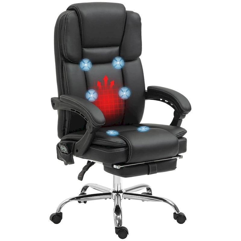 Vinsetto Massage Office Chair with 6 Vibration Points, Heated Reclining PU Leather Computer Chair with Adjustable Height, Black