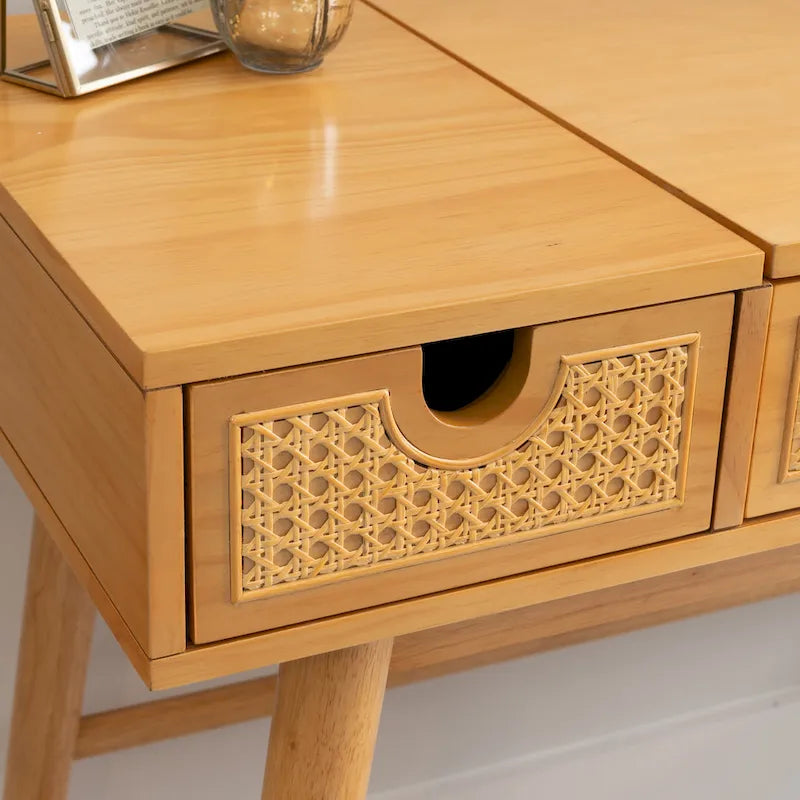  Natural Wooden 2 Cane Drawer Vanity