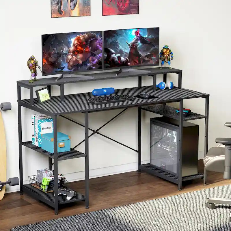 55 Inch Dual Monitor Computer Desk with Adjustable Shelves