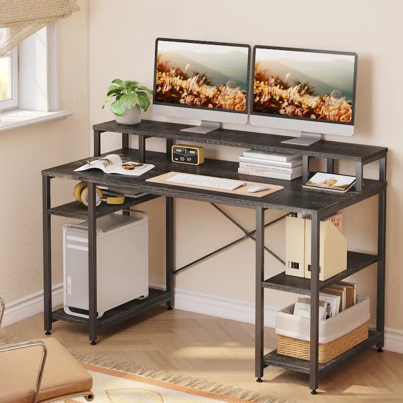 55 Inch Dual Monitor Computer Desk with Adjustable Shelves