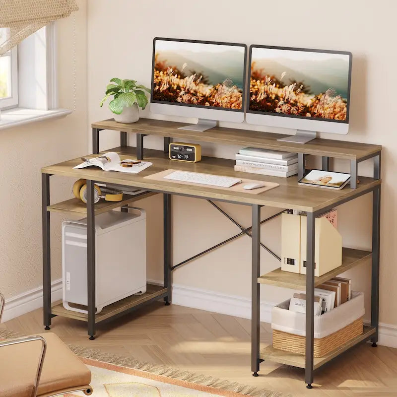 55 Inch Dual Monitor Computer Desk with Adjustable Shelves