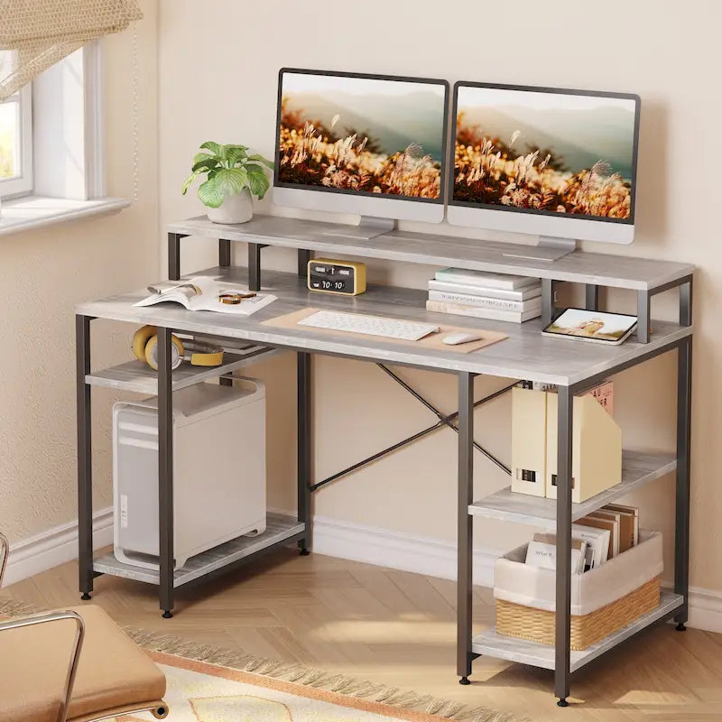 55 Inch Dual Monitor Computer Desk with Adjustable Shelves