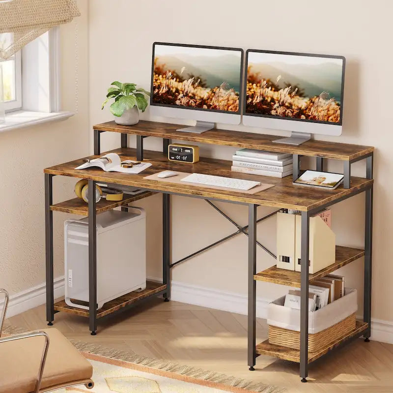 55 Inch Dual Monitor Computer Desk with Adjustable Shelves