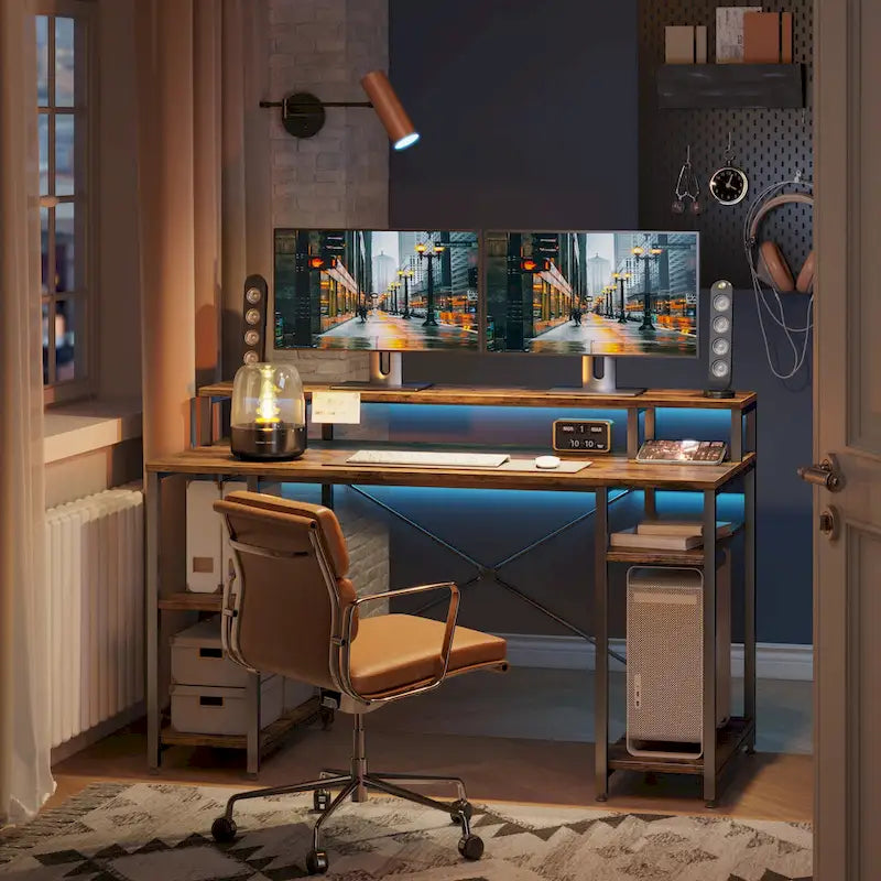 55 Inch Dual Monitor Computer Desk with Adjustable Shelves