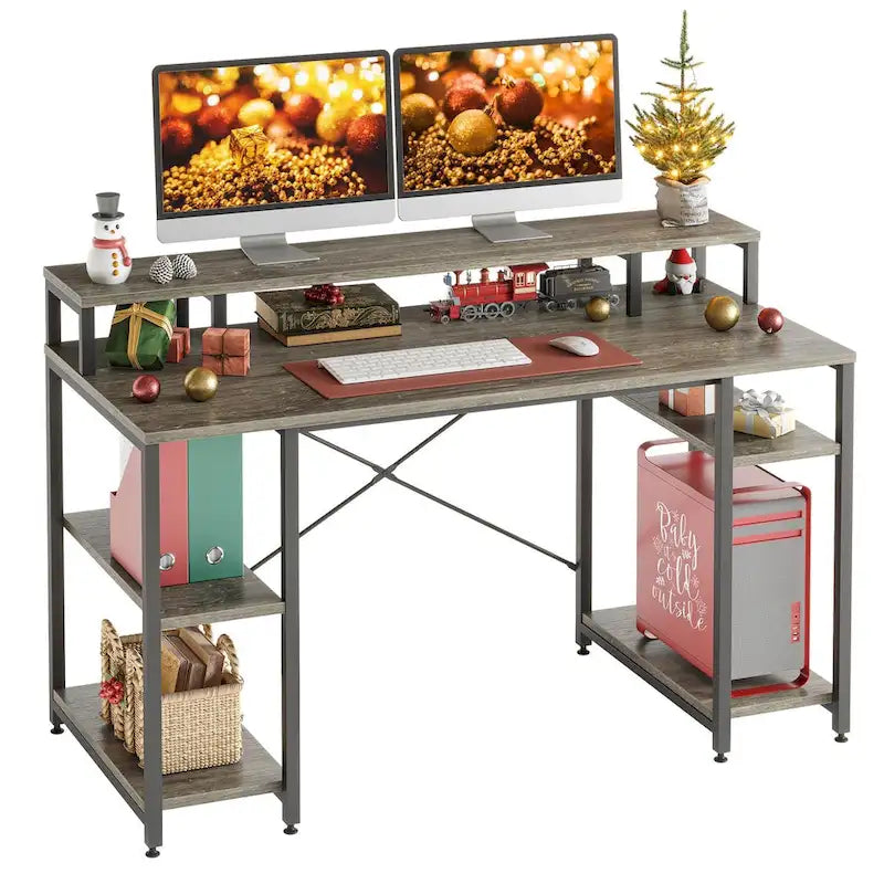55 Inch Dual Monitor Computer Desk with Adjustable Shelves