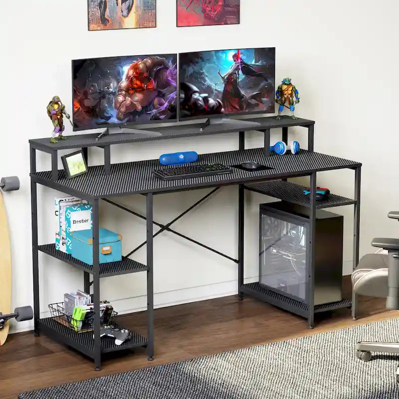 55 Inch Dual Monitor Computer Desk with Adjustable Shelves