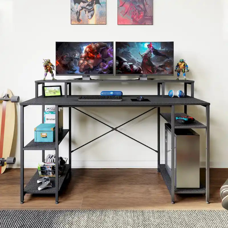 55 Inch Dual Monitor Computer Desk with Adjustable Shelves
