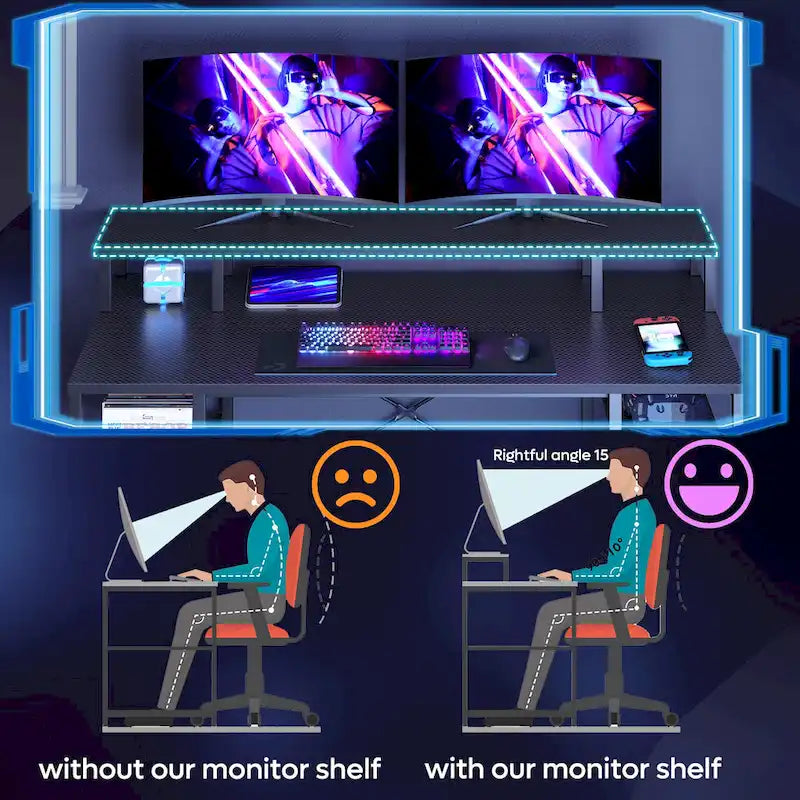 55 Inch Dual Monitor Computer Desk with Adjustable Shelves