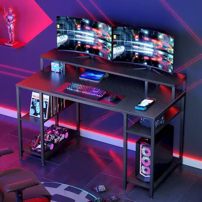 55 Inch Dual Monitor Computer Desk with Adjustable Shelves