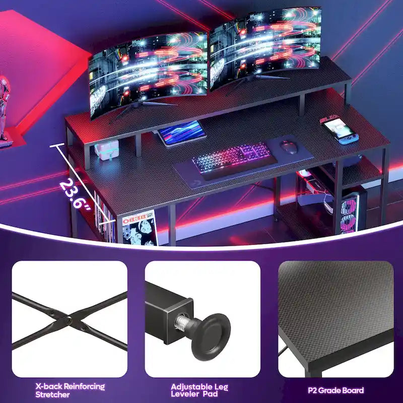 55 Inch Dual Monitor Computer Desk with Adjustable Shelves