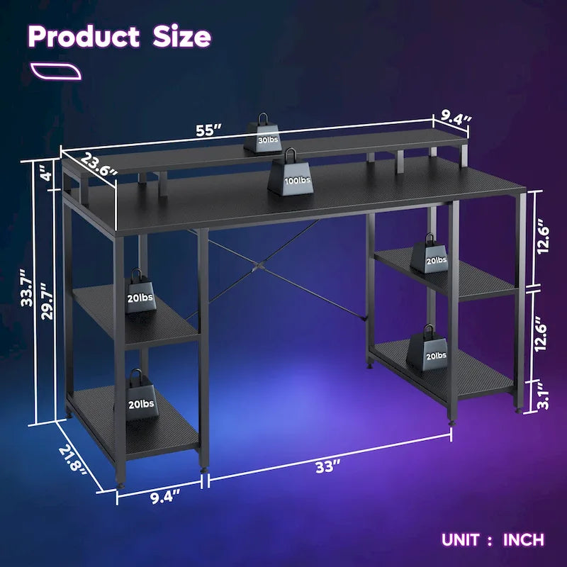 55 Inch Dual Monitor Computer Desk with Adjustable Shelves