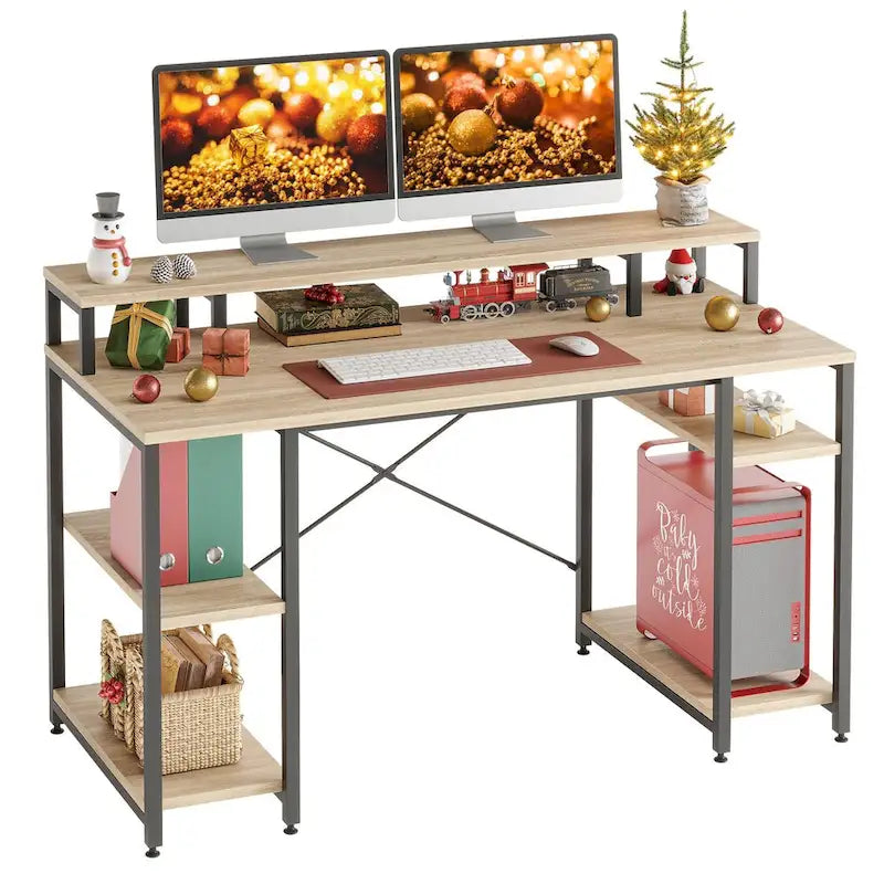 55 Inch Dual Monitor Computer Desk with Adjustable Shelves
