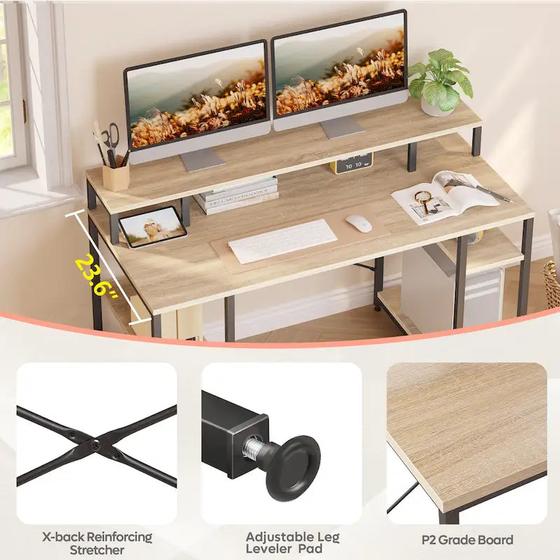 55 Inch Dual Monitor Computer Desk with Adjustable Shelves