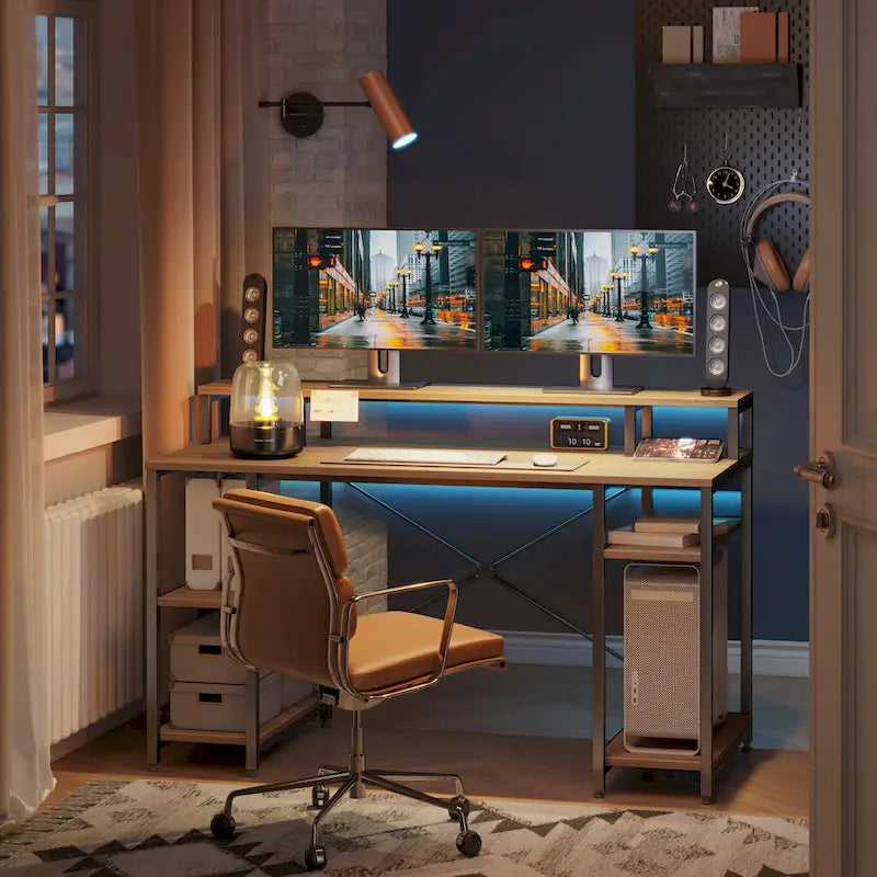 55 Inch Dual Monitor Computer Desk with Adjustable Shelves