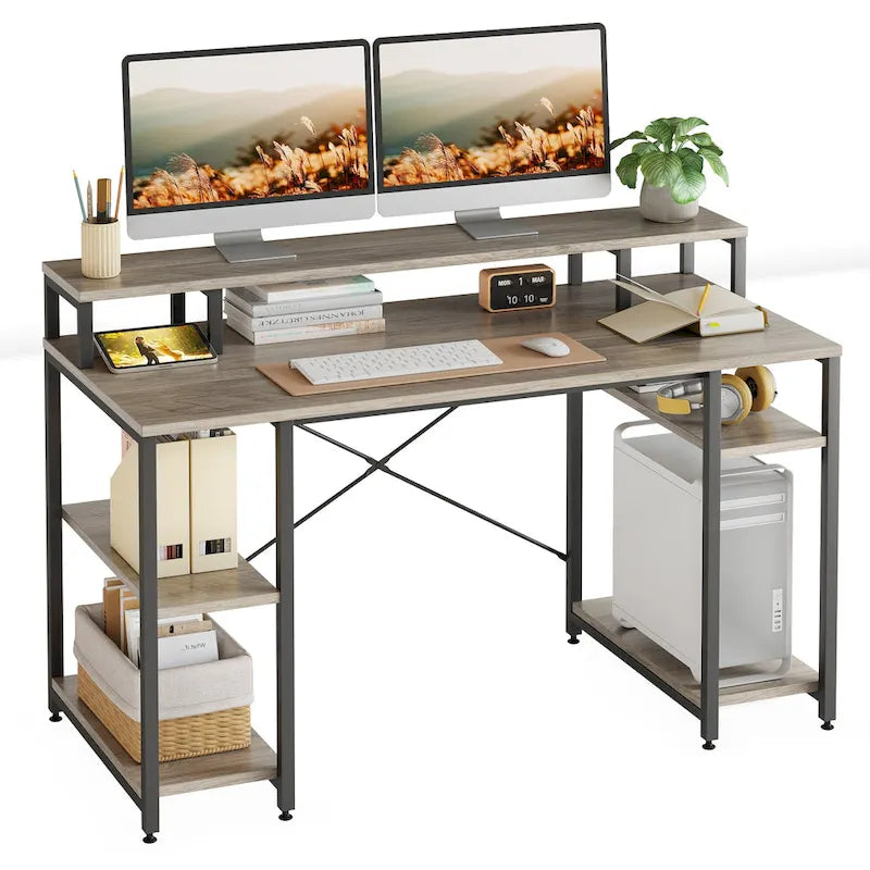 55 Inch Dual Monitor Computer Desk with Adjustable Shelves