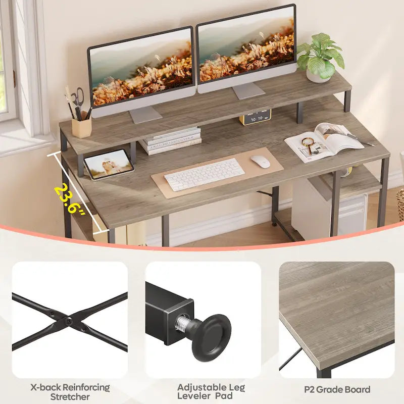 55 Inch Dual Monitor Computer Desk with Adjustable Shelves