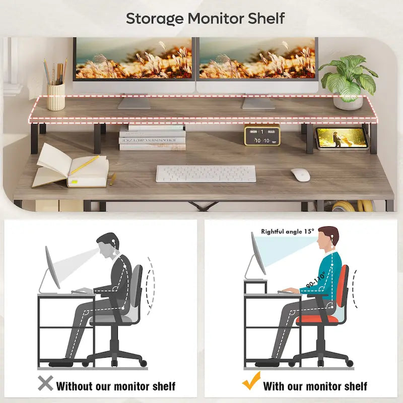 55 Inch Dual Monitor Computer Desk with Adjustable Shelves