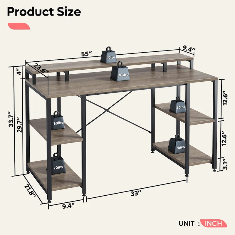 55 Inch Dual Monitor Computer Desk with Adjustable Shelves