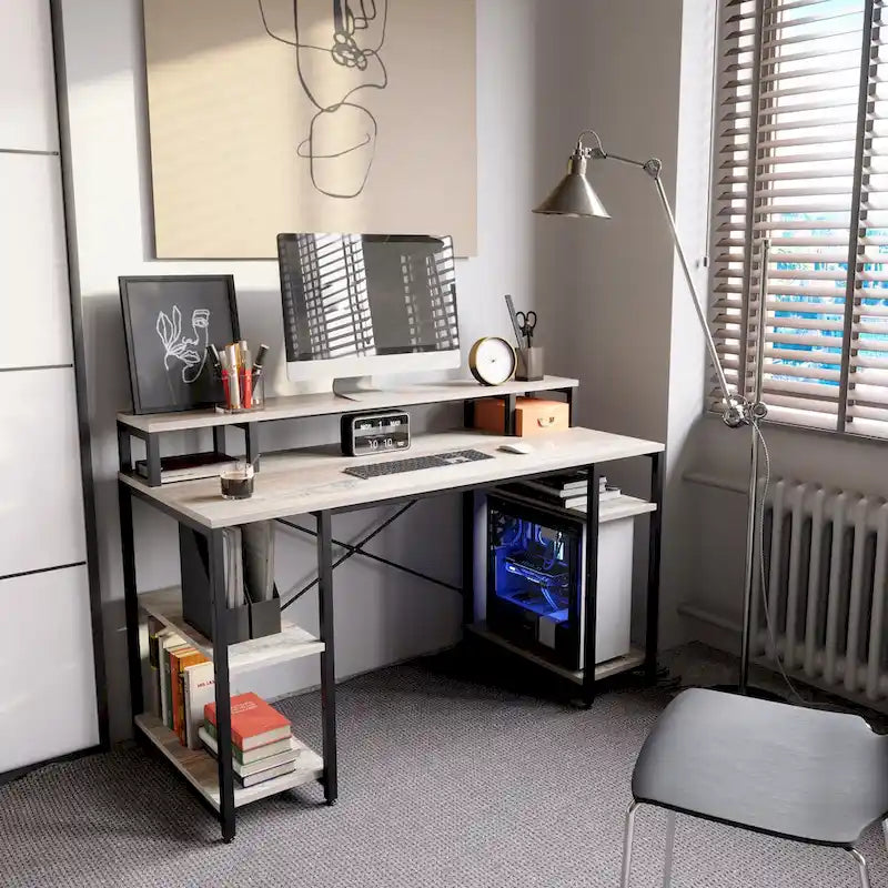 55 Inch Dual Monitor Computer Desk with Adjustable Shelves