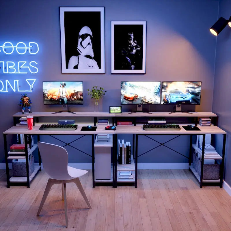 55 Inch Dual Monitor Computer Desk with Adjustable Shelves