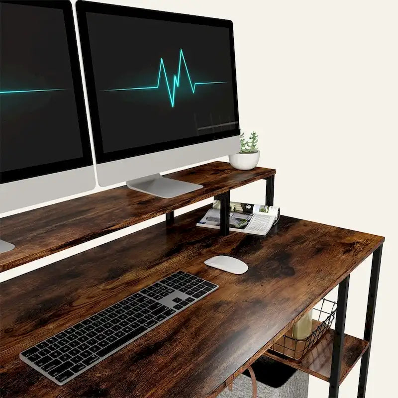 55 Inch Dual Monitor Computer Desk with Adjustable Shelves