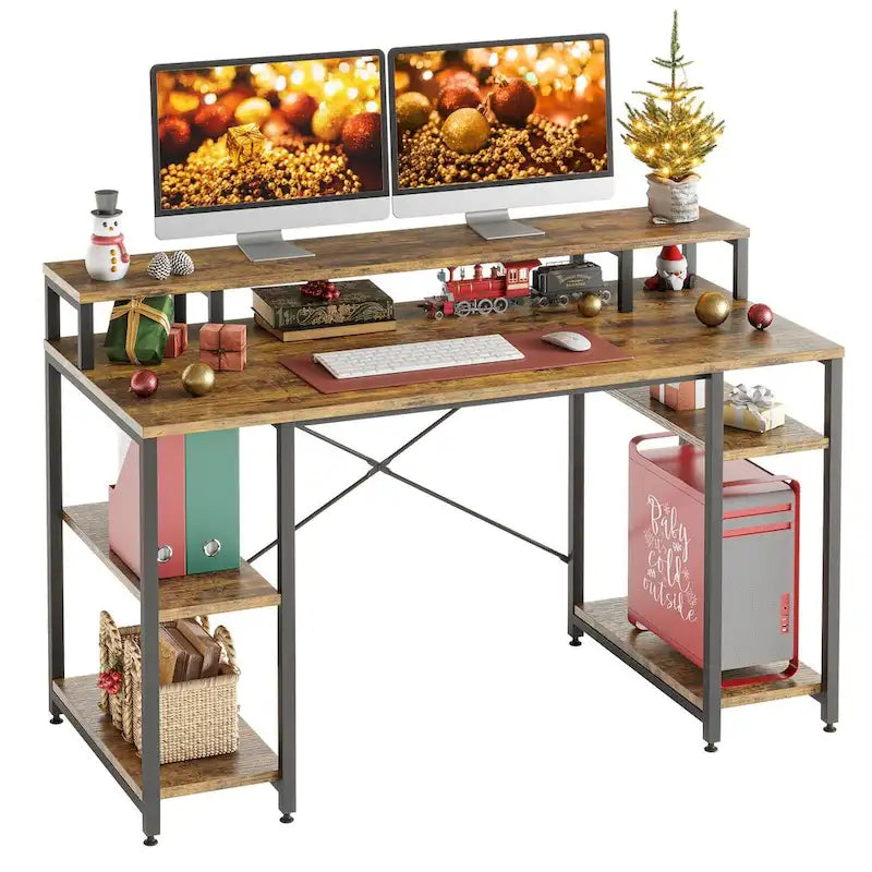 55 Inch Dual Monitor Computer Desk with Adjustable Shelves