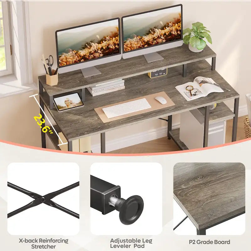 55 Inch Dual Monitor Computer Desk with Adjustable Shelves