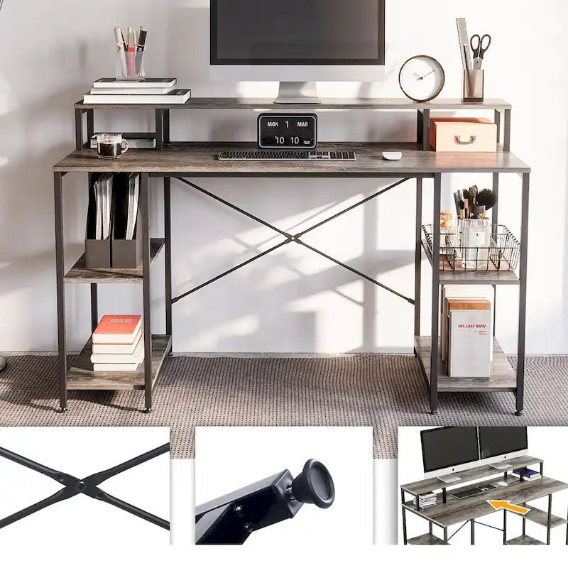 55 Inch Dual Monitor Computer Desk with Adjustable Shelves