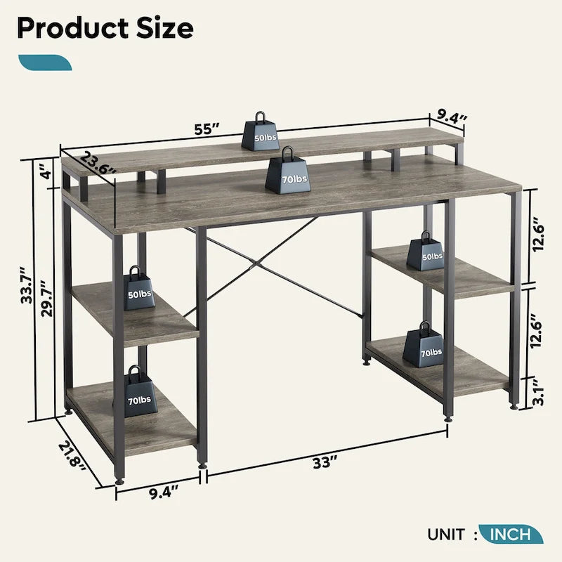 55 Inch Dual Monitor Computer Desk with Adjustable Shelves
