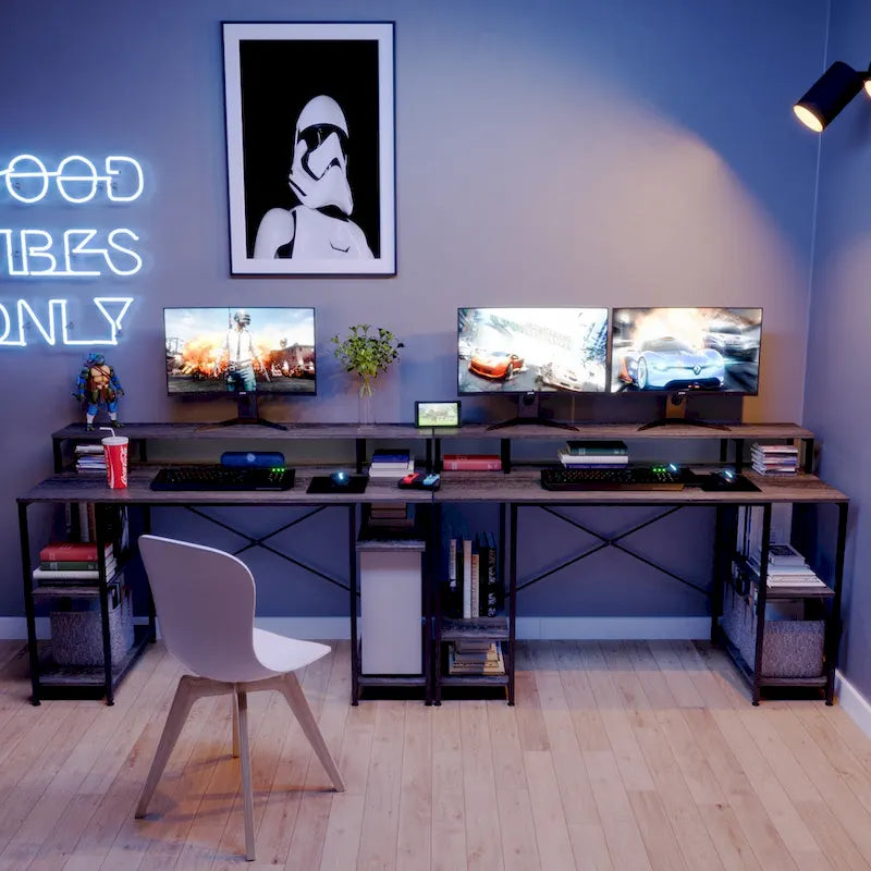 55 Inch Dual Monitor Computer Desk with Adjustable Shelves