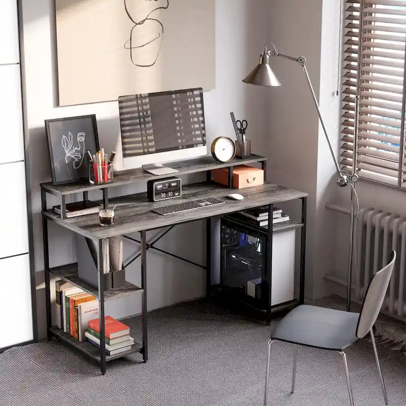 55 Inch Dual Monitor Computer Desk with Adjustable Shelves