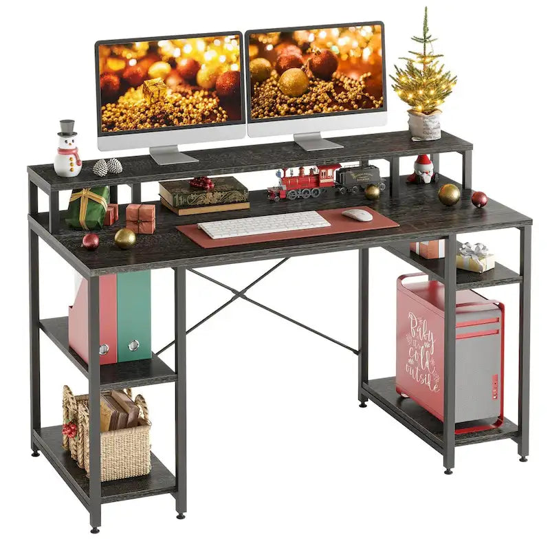 55 Inch Dual Monitor Computer Desk with Adjustable Shelves
