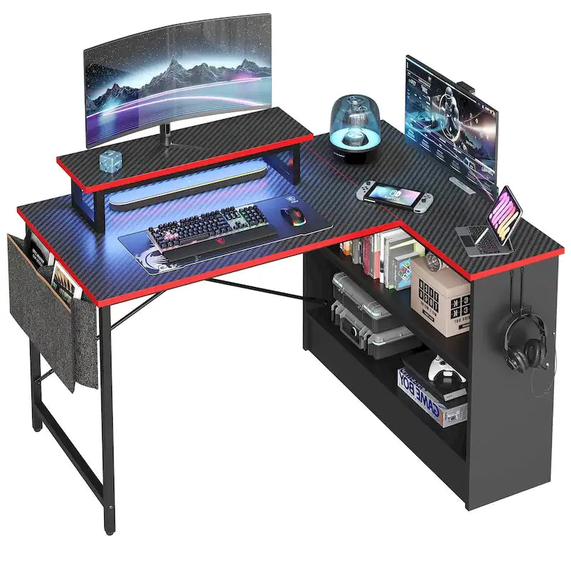 42 Gaming Desk Reversible L Shaped Desk with LED Monitor Stand Storage Shelves and Bag
