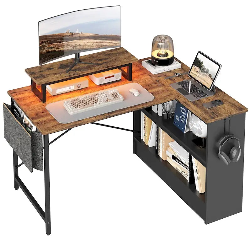 42 Gaming Desk Reversible L Shaped Desk with LED Monitor Stand Storage Shelves and Bag