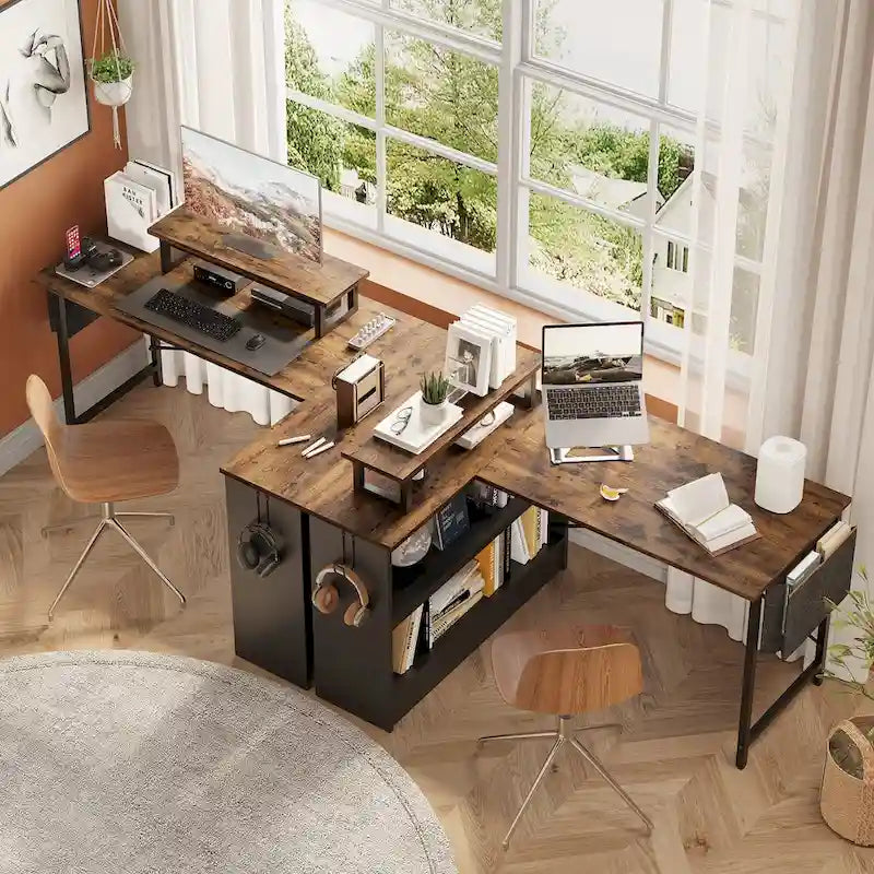 42 Gaming Desk Reversible L Shaped Desk with LED Monitor Stand Storage Shelves and Bag