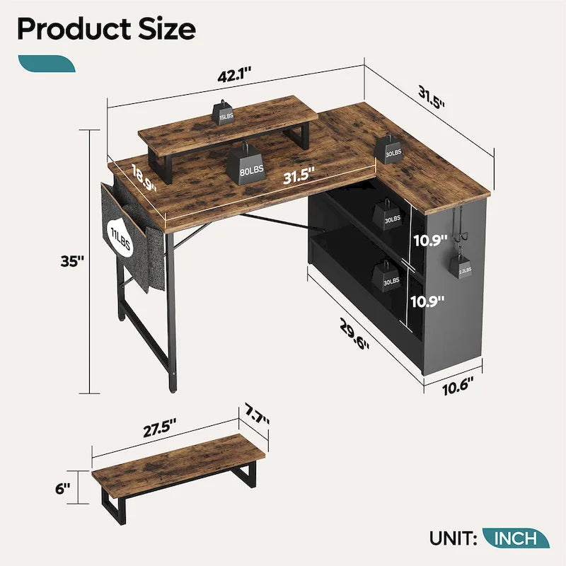 42 Gaming Desk Reversible L Shaped Desk with LED Monitor Stand Storage Shelves and Bag