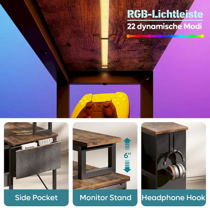 42 Gaming Desk Reversible L Shaped Desk with LED Monitor Stand Storage Shelves and Bag