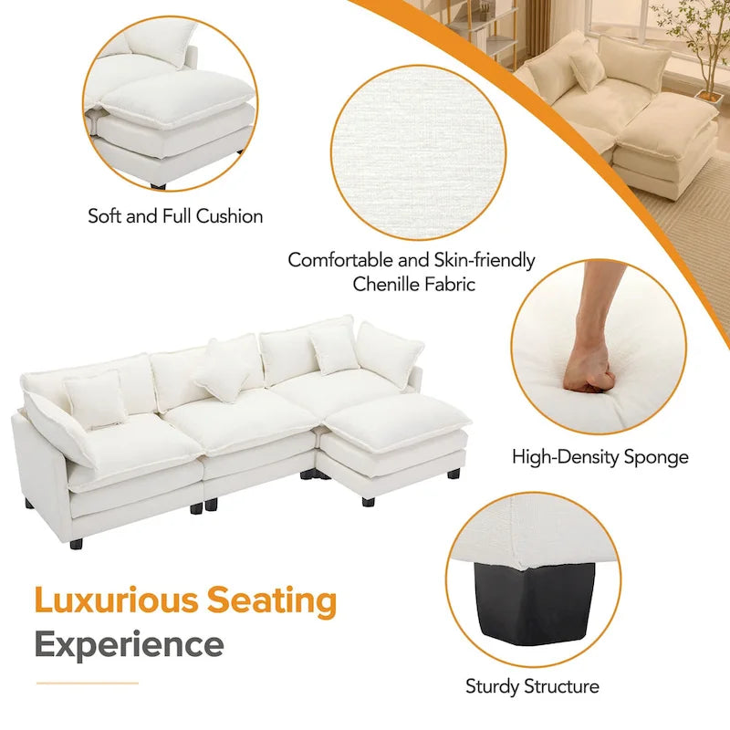112.2 L-Shape Chenille Upholstered Sofa for Living Room Modern Luxury Sofa Couch with Ottoman, 5 Pillows, Beige