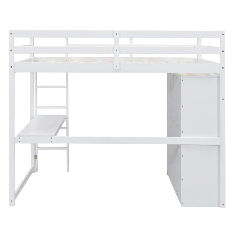 Wood Full Size Loft Bed with Built-in Wardrobe, Desk, Storage Shelves and Drawers, Gray